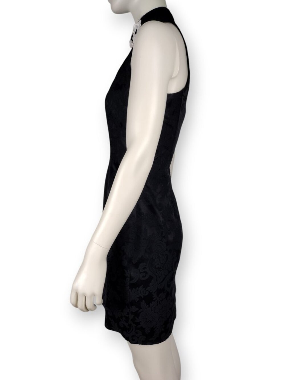 Vintage 90s Jessica McClintock Black Brocade Mini Sheath Choker Halter Dress - Picture 5 of 13